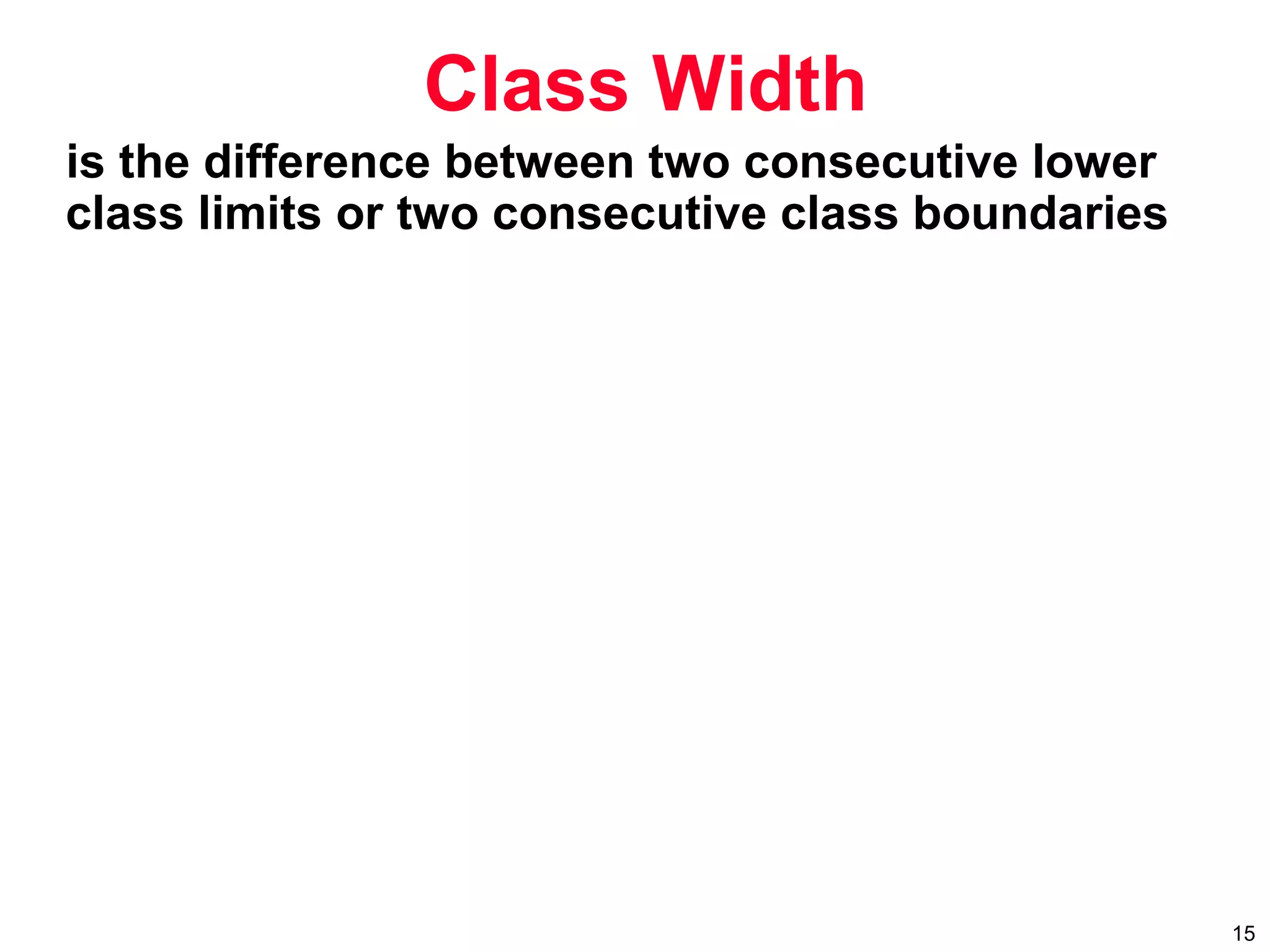 15
is the difference between two consecutive lower
class limits or two consecutive class boundaries
Class Width
 
