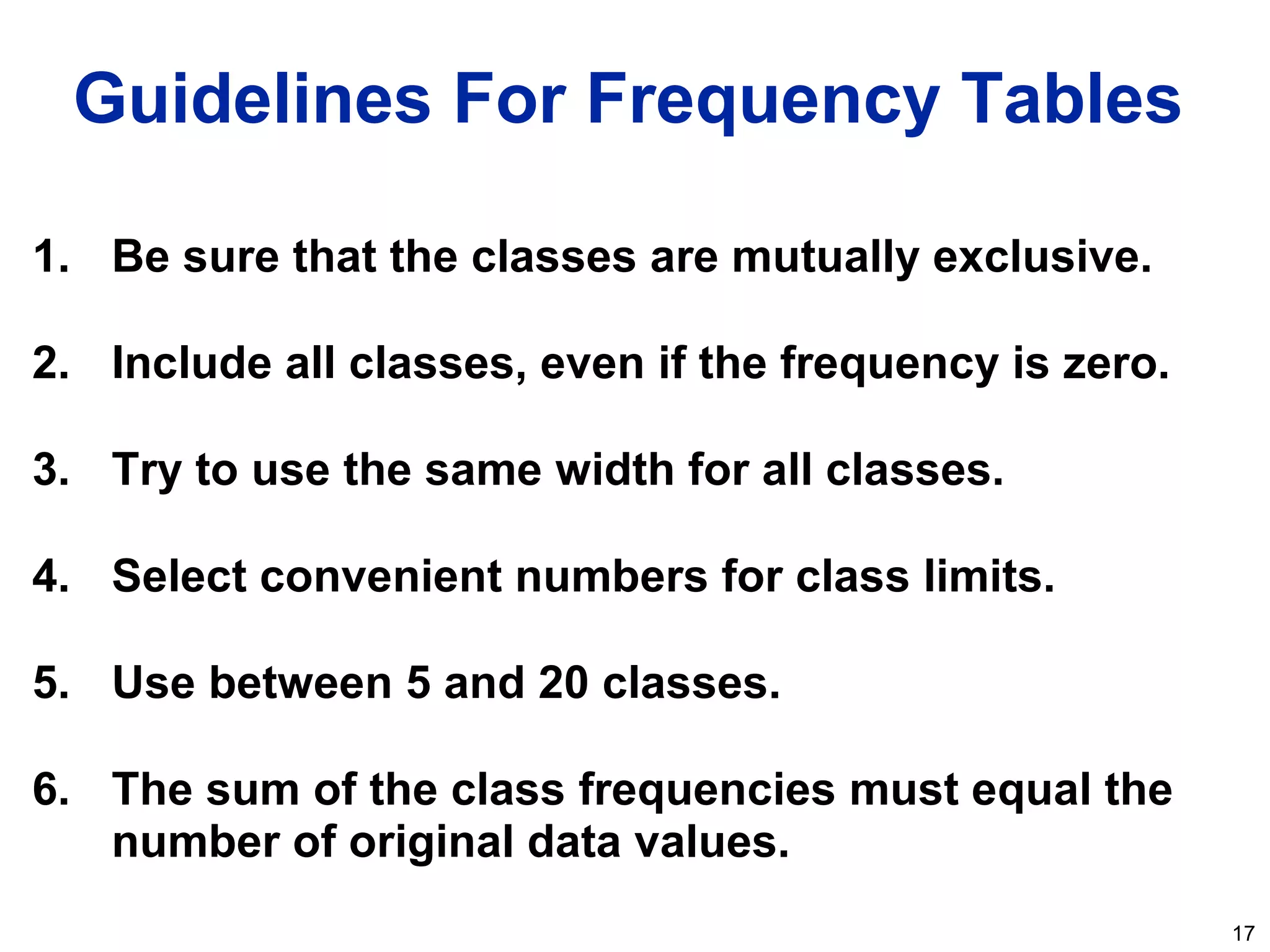 17
1. Be sure that the classes are mutually exclusive.
2. Include all classes, even if the frequency is zero.
3. Try to use the same width for all classes.
4. Select convenient numbers for class limits.
5. Use between 5 and 20 classes.
6. The sum of the class frequencies must equal the
number of original data values.
Guidelines For Frequency Tables
 