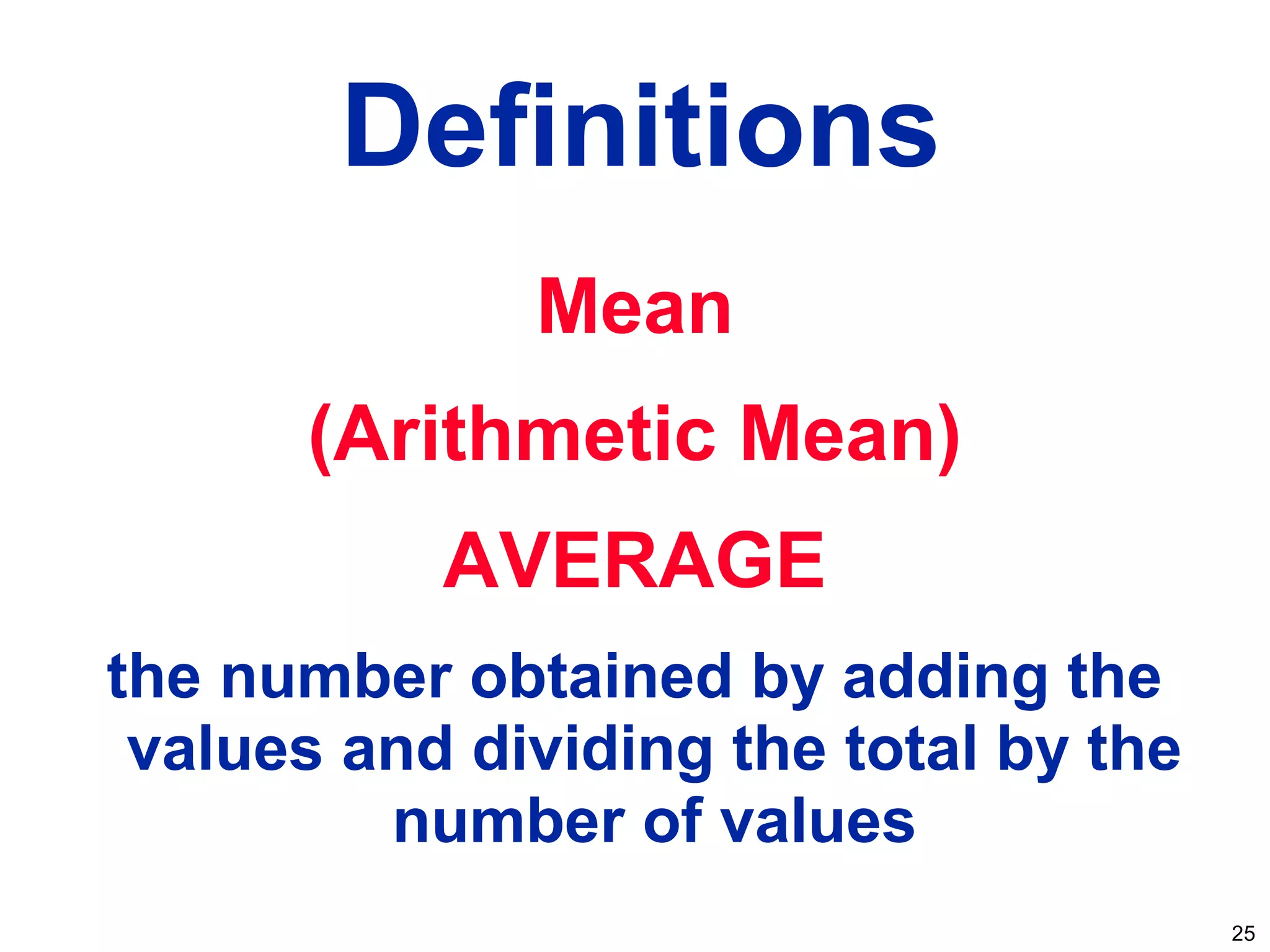 25
Mean
(Arithmetic Mean)
AVERAGE
the number obtained by adding the
values and dividing the total by the
number of values
Definitions
 