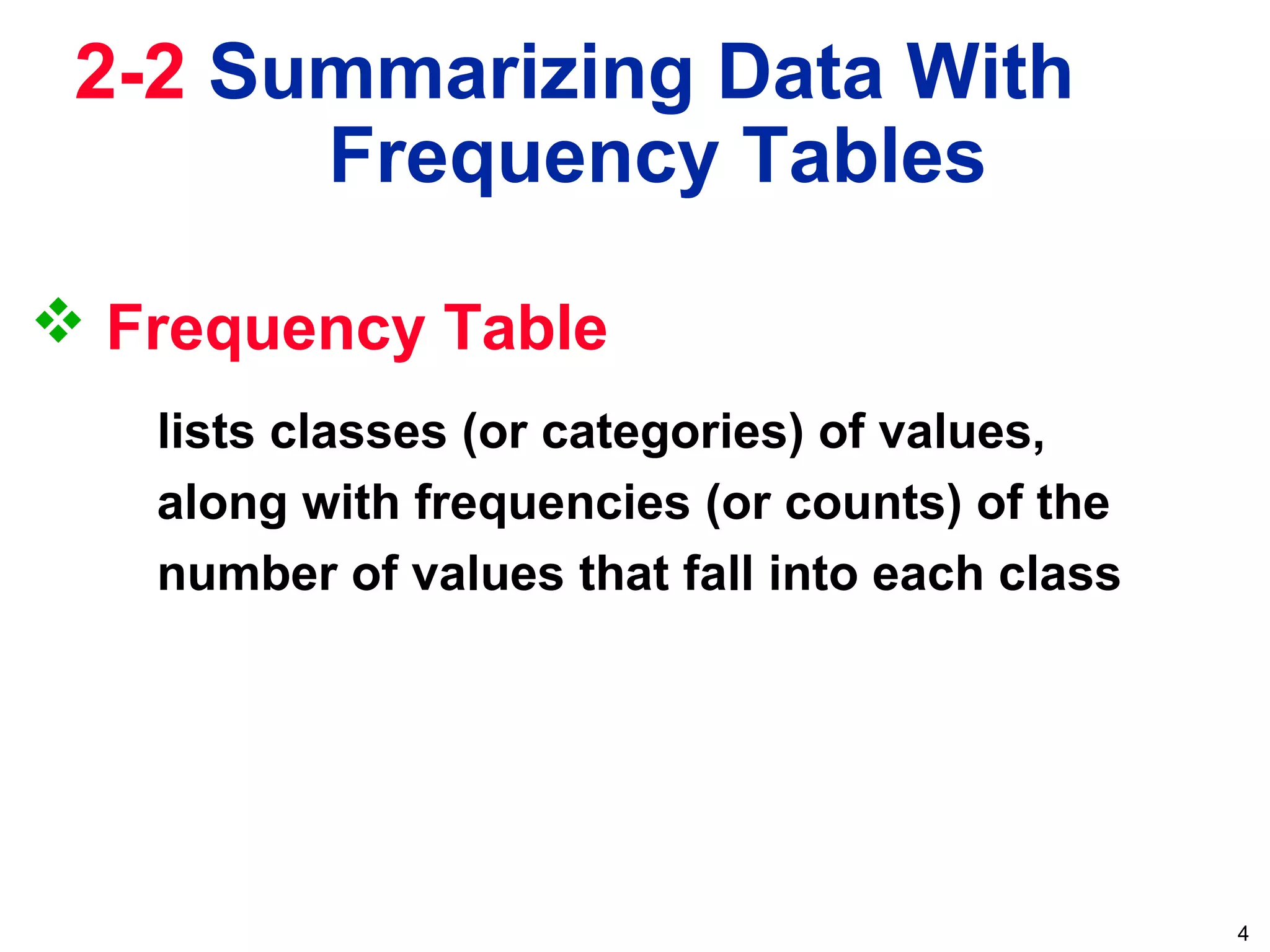 4
 Frequency Table
lists classes (or categories) of values,
along with frequencies (or counts) of the
number of values that fall into each class
2-2 Summarizing Data With
Frequency Tables
 