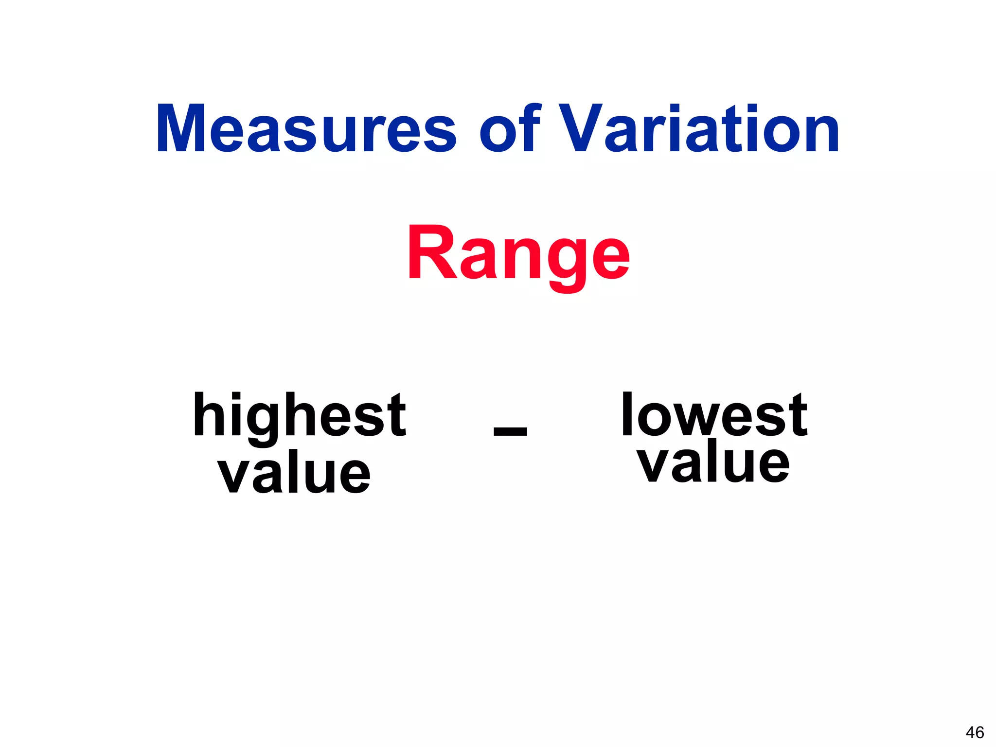 46
Measures of Variation
Range
value
highest lowest
value
 