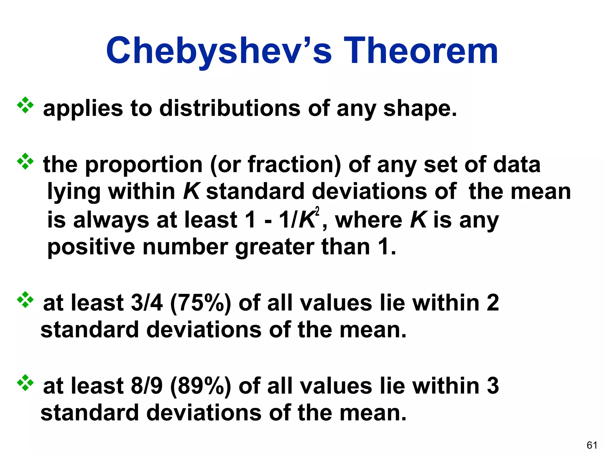 61
Chebyshev’s Theorem
 applies to distributions of any shape.
 the proportion (or fraction) of any set of data
lying within K standard deviations of the mean
is always at least 1 - 1/K
2
, where K is any
positive number greater than 1.
 at least 3/4 (75%) of all values lie within 2
standard deviations of the mean.
 at least 8/9 (89%) of all values lie within 3
standard deviations of the mean.
 