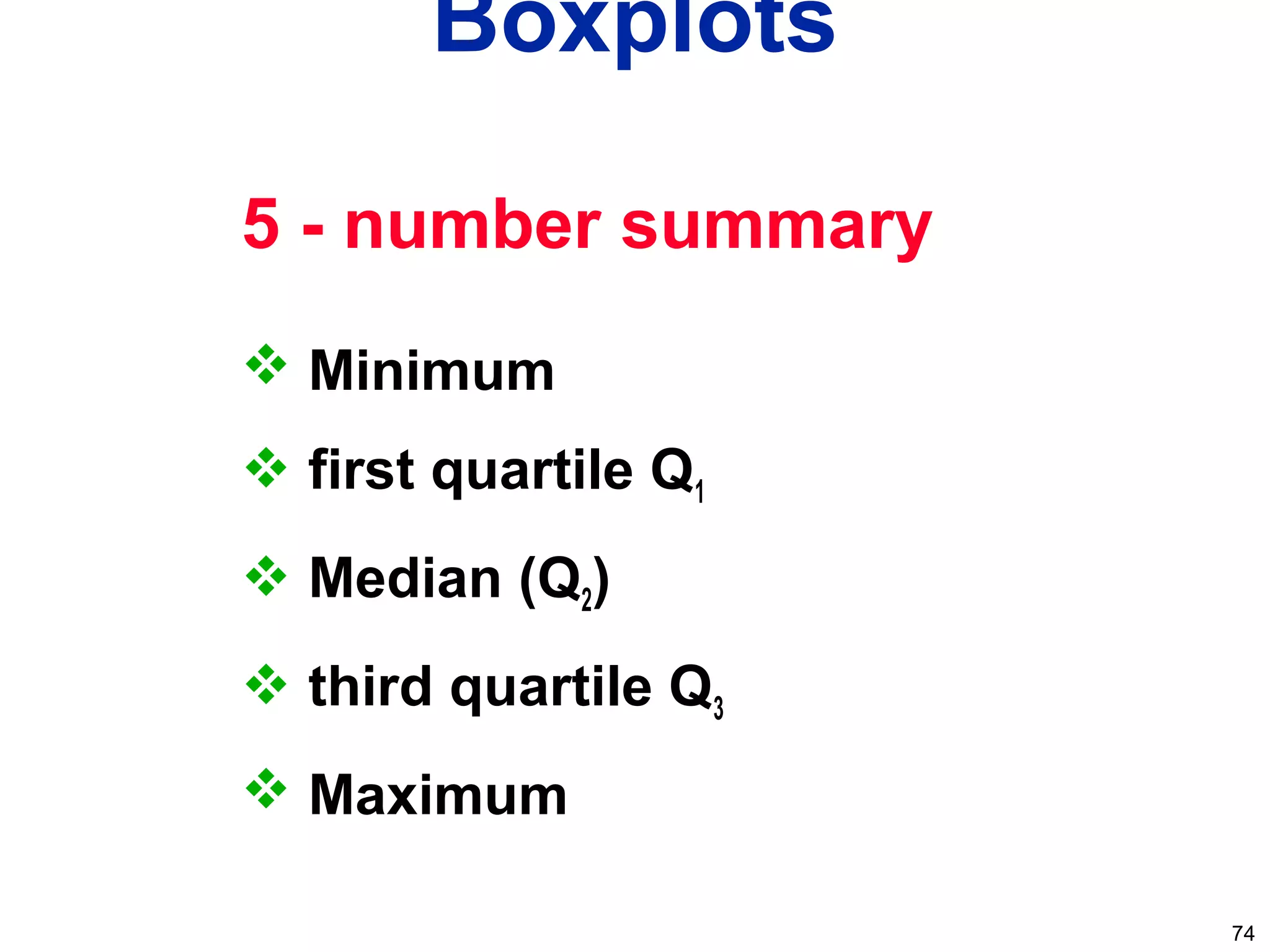 74
Boxplots
5 - number summary
 Minimum
 first quartile Q1
 Median (Q2)
 third quartile Q3
 Maximum
 