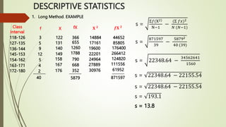1. Long Method. EXAMPLE
Class
Interval
118-126
127-135
136-144
145-153
154-162
163-171
172-180
f
3
5
9
12
5
4
2
_______
40
X
122
131
140
149
158
167
176
fX
366
655
1260
1788
790
668
352
𝐗 𝟐
14884
17161
19600
22201
24964
27889
30976
𝒇𝐗 𝟐
44652
85805
176400
266412
124820
111556
61952
_______
871597
_______
5879
s =
Σ𝑓(X2)
N−1
−
(Σ 𝑓𝑥)2
𝑁 (𝑁−1)
s =
871597
39
−
58792
40 (39)
s = 22348.64 −
34562641
1560
s = 22348.64 − 22155.54
s = 22348.64 − 22155.54
s = 193.1
s = 13.8
DESCRIPTIVE STATISTICS
 