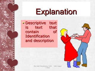 Explanation
Descriptive text
is   text     that
contain         of
Identification
and description




    Eko Hadi Prasetiyono, S.Pd   SMA Negeri
                     1 Pare
 