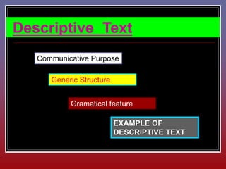 Descriptive Text
Generic Structure
EXAMPLE OF
DESCRIPTIVE TEXT
Communicative Purpose
Gramatical feature
 