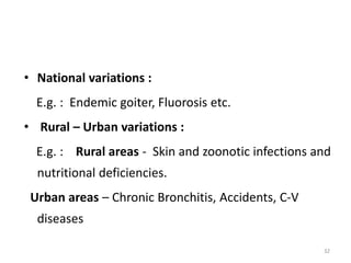 • National variations :
E.g. : Endemic goiter, Fluorosis etc.
• Rural – Urban variations :
E.g. : Rural areas - Skin and zoonotic infections and
nutritional deficiencies.
Urban areas – Chronic Bronchitis, Accidents, C-V
diseases
32
 