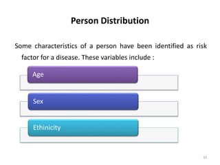 Person Distribution
Some characteristics of a person have been identified as risk
factor for a disease. These variables include :
Age
Sex
Ethinicity
33
 