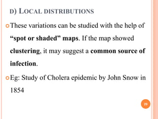 D) LOCAL DISTRIBUTIONS
These variations can be studied with the help of
“spot or shaded” maps. If the map showed
clustering, it may suggest a common source of
infection.
Eg: Study of Cholera epidemic by John Snow in
1854
29
 