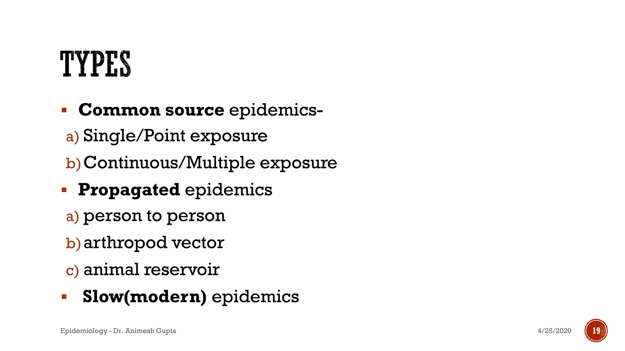 13
▪ Common source epidemics-
a) Single/Point exposure
b)Continuous/Multiple exposure
▪ Propagated epidemics
a) person to person
b)arthropod vector
c) animal reservoir
▪ Slow(modern) epidemics
4/25/2020Epidemiology - Dr. Animesh Gupta 19
 