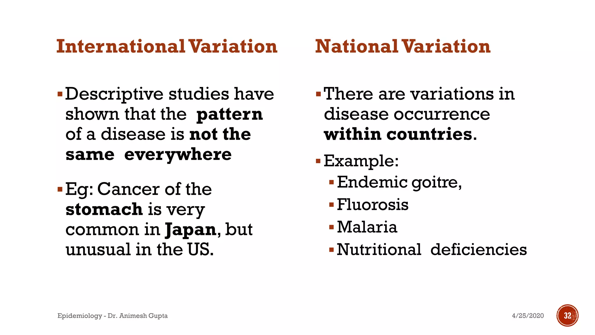 InternationalVariation
▪Descriptive studies have
shown that the pattern
of a disease is not the
same everywhere
▪Eg: Cancer of the
stomach is very
common in Japan, but
unusual in the US.
NationalVariation
▪There are variations in
disease occurrence
within countries.
▪Example:
▪Endemic goitre,
▪Fluorosis
▪Malaria
▪Nutritional deficiencies
4/25/2020Epidemiology - Dr. Animesh Gupta 32
 