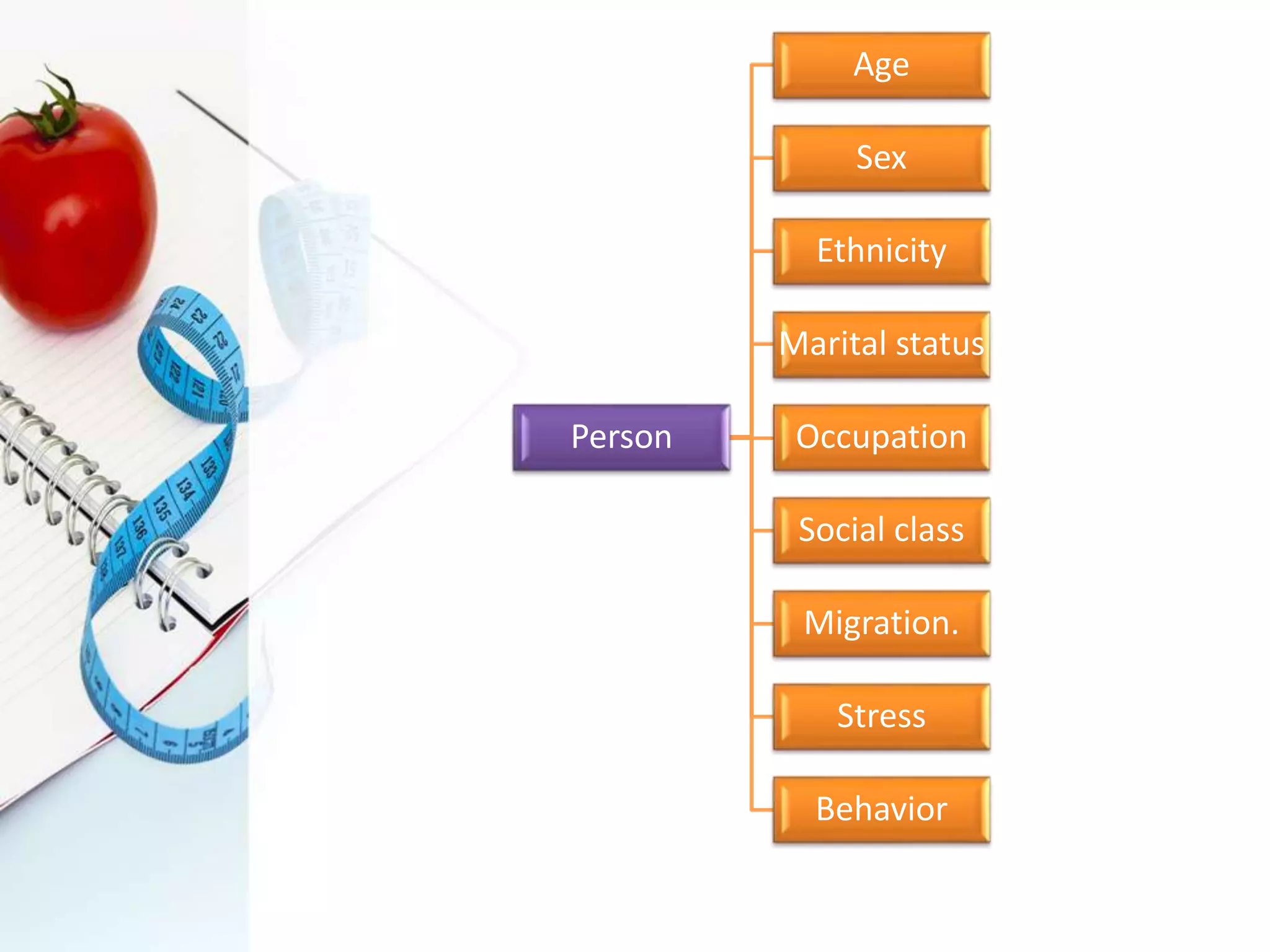 Person
Age
Sex
Ethnicity
Marital status
Occupation
Social class
Migration.
Stress
Behavior
 