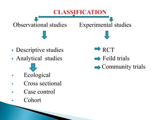 Observational studies Experimental studies
 Descriptive studies RCT
 Analytical studies Feild trials
Community trials
 Ecological
 Cross sectional
 Case control
 Cohort
 
