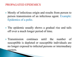 PROPAGATED EPIDEMICS
 Mostly of infectious origin and results from person to
person transmission of an infectious agent. Example:
Epidemics of a polio.
 The epidemic usually shows a gradual rise and tails
off over a much longer period of time.
 Transmission continues until the number of
susceptible is depleted or susceptible individuals are
no longer exposed to infected persons or intermediary
vectors.
 