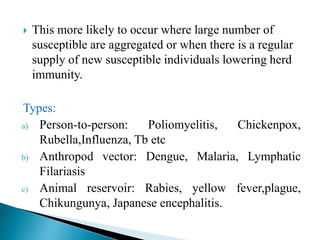  This more likely to occur where large number of
susceptible are aggregated or when there is a regular
supply of new susceptible individuals lowering herd
immunity.
Types:
a) Person-to-person: Poliomyelitis, Chickenpox,
Rubella,Influenza, Tb etc
b) Anthropod vector: Dengue, Malaria, Lymphatic
Filariasis
c) Animal reservoir: Rabies, yellow fever,plague,
Chikungunya, Japanese encephalitis.
 