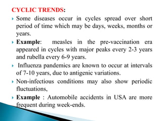 CYCLIC TRENDS:
 Some diseases occur in cycles spread over short
period of time which may be days, weeks, months or
years.
 Example: measles in the pre-vaccination era
appeared in cycles with major peaks every 2-3 years
and rubella every 6-9 years.
 Influenza pandemics are known to occur at intervals
of 7-10 years, due to antigenic variations.
 Non-infectious conditions may also show periodic
fluctuations,
 Example : Automobile accidents in USA are more
frequent during week-ends.
 