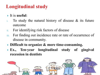  It is useful:
i. To study the natural history of disease & its future
outcome
ii. For identifying risk factors of disease
iii. For finding out incidence rate or rate of occurrence of
disease in community.
 Difficult to organize & more time-consuming.
 Ex., Ten‐year longitudinal study of gingival
recession in dentists
 