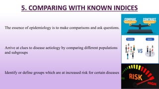 5. COMPARING WITH KNOWN INDICES
The essence of epidemiology is to make comparisons and ask questions.
Arrive at clues to disease aetiology by comparing different populations
and subgroups
Identify or define groups which are at increased risk for certain diseases
42
 