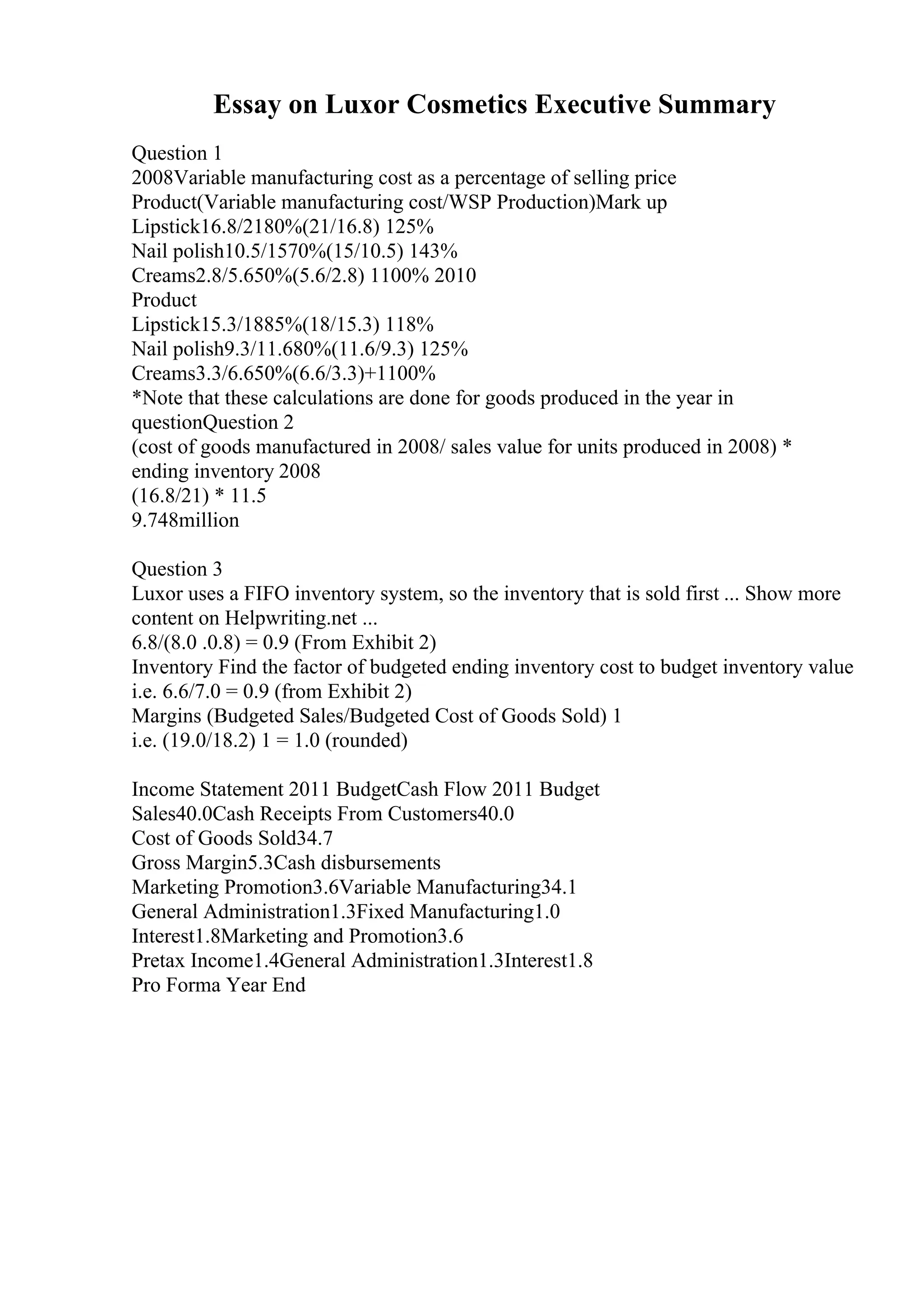 Essay on Luxor Cosmetics Executive Summary
Question 1
2008Variable manufacturing cost as a percentage of selling price
Product(Variable manufacturing cost/WSP Production)Mark up
Lipstick16.8/2180%(21/16.8) 125%
Nail polish10.5/1570%(15/10.5) 143%
Creams2.8/5.650%(5.6/2.8) 1100% 2010
Product
Lipstick15.3/1885%(18/15.3) 118%
Nail polish9.3/11.680%(11.6/9.3) 125%
Creams3.3/6.650%(6.6/3.3)+1100%
*Note that these calculations are done for goods produced in the year in
questionQuestion 2
(cost of goods manufactured in 2008/ sales value for units produced in 2008) *
ending inventory 2008
(16.8/21) * 11.5
9.748million
Question 3
Luxor uses a FIFO inventory system, so the inventory that is sold first ... Show more
content on Helpwriting.net ...
6.8/(8.0 .0.8) = 0.9 (From Exhibit 2)
Inventory Find the factor of budgeted ending inventory cost to budget inventory value
i.e. 6.6/7.0 = 0.9 (from Exhibit 2)
Margins (Budgeted Sales/Budgeted Cost of Goods Sold) 1
i.e. (19.0/18.2) 1 = 1.0 (rounded)
Income Statement 2011 BudgetCash Flow 2011 Budget
Sales40.0Cash Receipts From Customers40.0
Cost of Goods Sold34.7
Gross Margin5.3Cash disbursements
Marketing Promotion3.6Variable Manufacturing34.1
General Administration1.3Fixed Manufacturing1.0
Interest1.8Marketing and Promotion3.6
Pretax Income1.4General Administration1.3Interest1.8
Pro Forma Year End
 