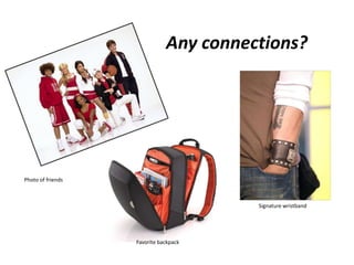 Any connections?




Photo of friends



                                        Signature wristband




                   Favorite backpack
 