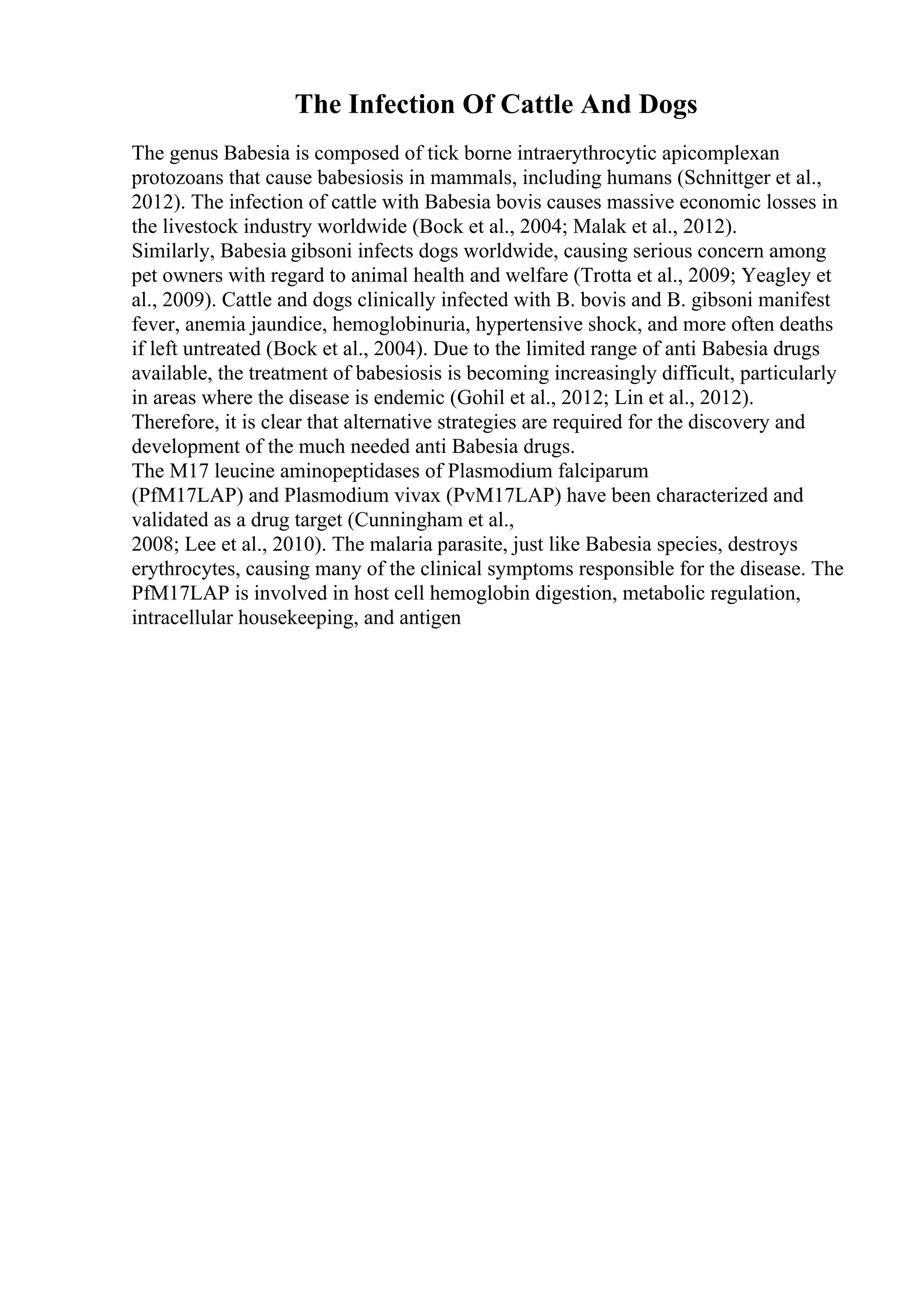 The Infection Of Cattle And Dogs
The genus Babesia is composed of tick borne intraerythrocytic apicomplexan
protozoans that cause babesiosis in mammals, including humans (Schnittger et al.,
2012). The infection of cattle with Babesia bovis causes massive economic losses in
the livestock industry worldwide (Bock et al., 2004; Malak et al., 2012).
Similarly, Babesia gibsoni infects dogs worldwide, causing serious concern among
pet owners with regard to animal health and welfare (Trotta et al., 2009; Yeagley et
al., 2009). Cattle and dogs clinically infected with B. bovis and B. gibsoni manifest
fever, anemia jaundice, hemoglobinuria, hypertensive shock, and more often deaths
if left untreated (Bock et al., 2004). Due to the limited range of anti Babesia drugs
available, the treatment of babesiosis is becoming increasingly difficult, particularly
in areas where the disease is endemic (Gohil et al., 2012; Lin et al., 2012).
Therefore, it is clear that alternative strategies are required for the discovery and
development of the much needed anti Babesia drugs.
The M17 leucine aminopeptidases of Plasmodium falciparum
(PfM17LAP) and Plasmodium vivax (PvM17LAP) have been characterized and
validated as a drug target (Cunningham et al.,
2008; Lee et al., 2010). The malaria parasite, just like Babesia species, destroys
erythrocytes, causing many of the clinical symptoms responsible for the disease. The
PfM17LAP is involved in host cell hemoglobin digestion, metabolic regulation,
intracellular housekeeping, and antigen
 