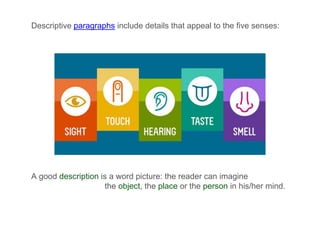 Descriptive paragraphs include details that appeal to the five senses:
A good description is a word picture: the reader can imagine
the object, the place or the person in his/her mind.
 