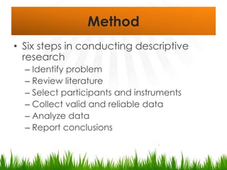 MethodSix steps in conducting descriptive researchIdentify problemReview literatureSelect participants and instrumentsCollect valid and reliable dataAnalyze dataReport conclusions