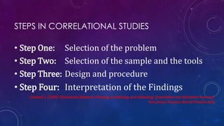 STEPS IN CORRELATIONAL STUDIES
• Step One: Selection of the problem
• Step Two: Selection of the sample and the tools
• Step Three: Design and procedure
• Step Four: Interpretation of the Findings
Creswell, J. (2008). Educational Research: Planning, Conducting, and Evaluating Quantitative and Qualitative Research.
New Jersey: Pearson: Merrill Prentice Hall.
 