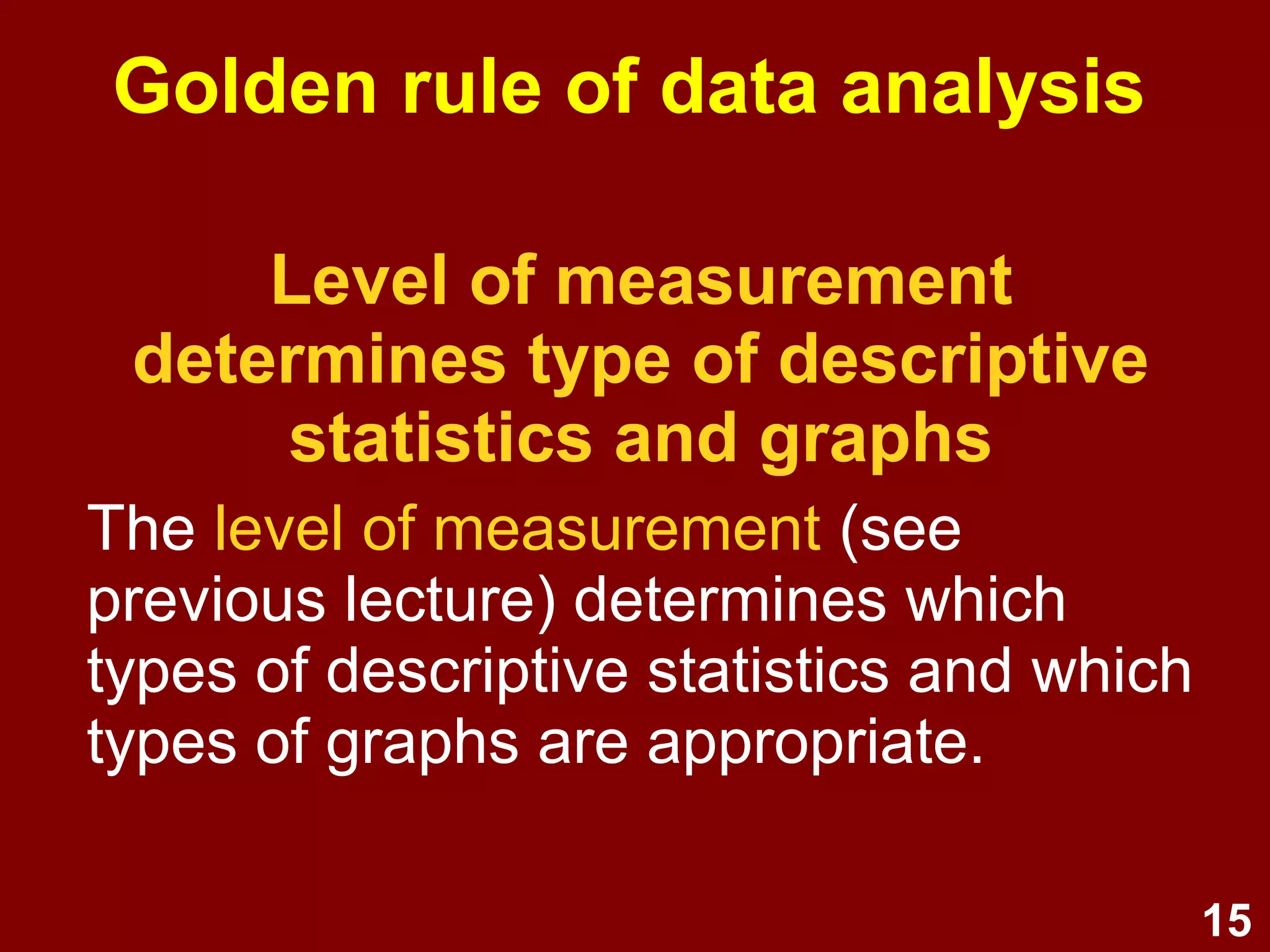 15
Levels of measurement and
non-parametric vs. parametric
Categorical & ordinal data DV
→ non-parametric
(Does not assume a normal distribution)
Interval & ratio data DV
→ parametric
(Assumes a normal distribution)
→ non-parametric
(If distribution is non-normal)
DVs = dependent variables
 