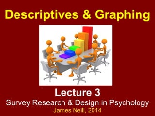 Lecture 3
Survey Research & Design in Psychology
James Neill, 2017
Creative Commons Attribution 4.0
Descriptives & Graphing
Image source: http://commons.wikimedia.org/wiki/File:3D_Bar_Graph_Meeting.jpg
 