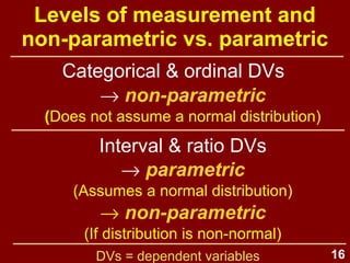 16
Parametric statistics
• Statistics which estimate
parameters of a population, based
on the normal distribution
–Univariate:
mean, standard deviation, skewness,
kurtosis, t-tests, ANOVAs
–Bivariate:
correlation, linear regression
–Multivariate:
multiple linear regression
 