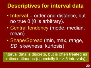 29
Descriptives for interval data
• Interval LOM = order and
distance, but no true 0 (0 is
arbitrary).
• Central tendency (mode, median,
mean)
• Shape/Spread (min., max., range,
SD, skewness, kurtosis)
Interval data is discrete, but is often treated as
ratio/continuous (especially for > 5 intervals)
 