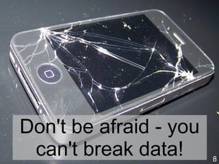 8
Data screening: Carefully
'screening' a data file helps to
remove errors and maximise validity.
For example, screen for:
Out of range values
Mis-entered data
Missing cases
Duplicate cases
Missing data
Image source: https://commons.wikimedia.org/wiki/File:Archaeology_dirt_screening.jpg
 