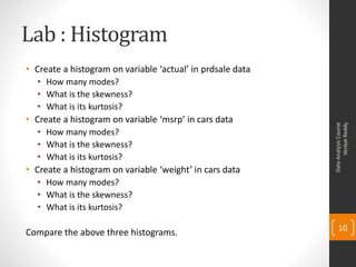 Lab : Histogram
• Create a histogram on variable ‘actual’ in prdsale data
  • How many modes?
  • What is the skewness?
  • What is its kurtosis?
• Create a histogram on variable ‘msrp’ in cars data




                                                                  Venkat Reddy
                                                            Data Analysis Course
  • How many modes?
  • What is the skewness?
  • What is its kurtosis?
• Create a histogram on variable ‘weight’ in cars data
  • How many modes?
  • What is the skewness?
  • What is its kurtosis?

                                                                10
Compare the above three histograms.
 