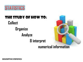The Study of how to:
Collect
Organize
Analyze
& interpret
numerical information
DESCRIPTIVE STATISTICS
 
