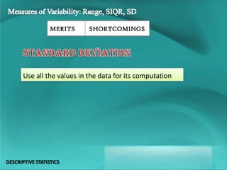 MERITS SHORTCOMINGS
Use all the values in the data for its computation
DESCRIPTIVE STATISTICS
 