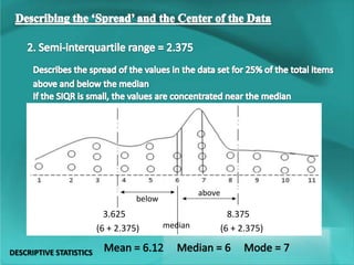DESCRIPTIVE STATISTICS
below
above
median
8.375
(6 + 2.375)
3.625
(6 + 2.375)
 