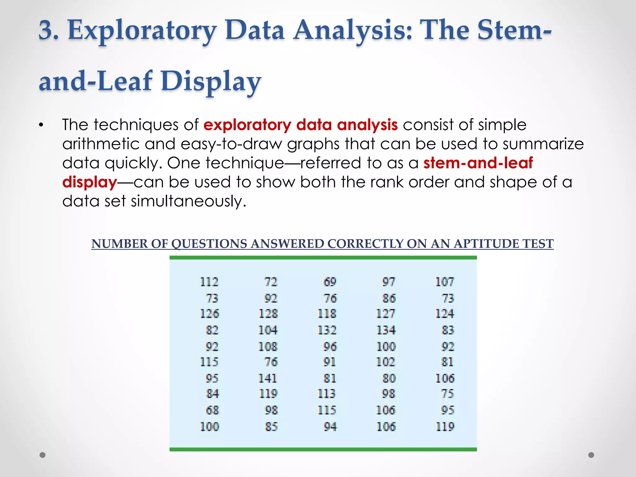 3. Exploratory Data Analysis: The Stem-
and-Leaf Display
• The techniques of exploratory data analysis consist of simple
arithmetic and easy-to-draw graphs that can be used to summarize
data quickly. One technique—referred to as a stem-and-leaf
display—can be used to show both the rank order and shape of a
data set simultaneously.
NUMBER OF QUESTIONS ANSWERED CORRECTLY ON AN APTITUDE TEST
 
