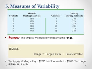5. Measures of Variability
• Range:- The simplest measure of variability is the range.
• The largest starting salary is $3925 and the smallest is $3310. The range
is 3925 3310 615.
 