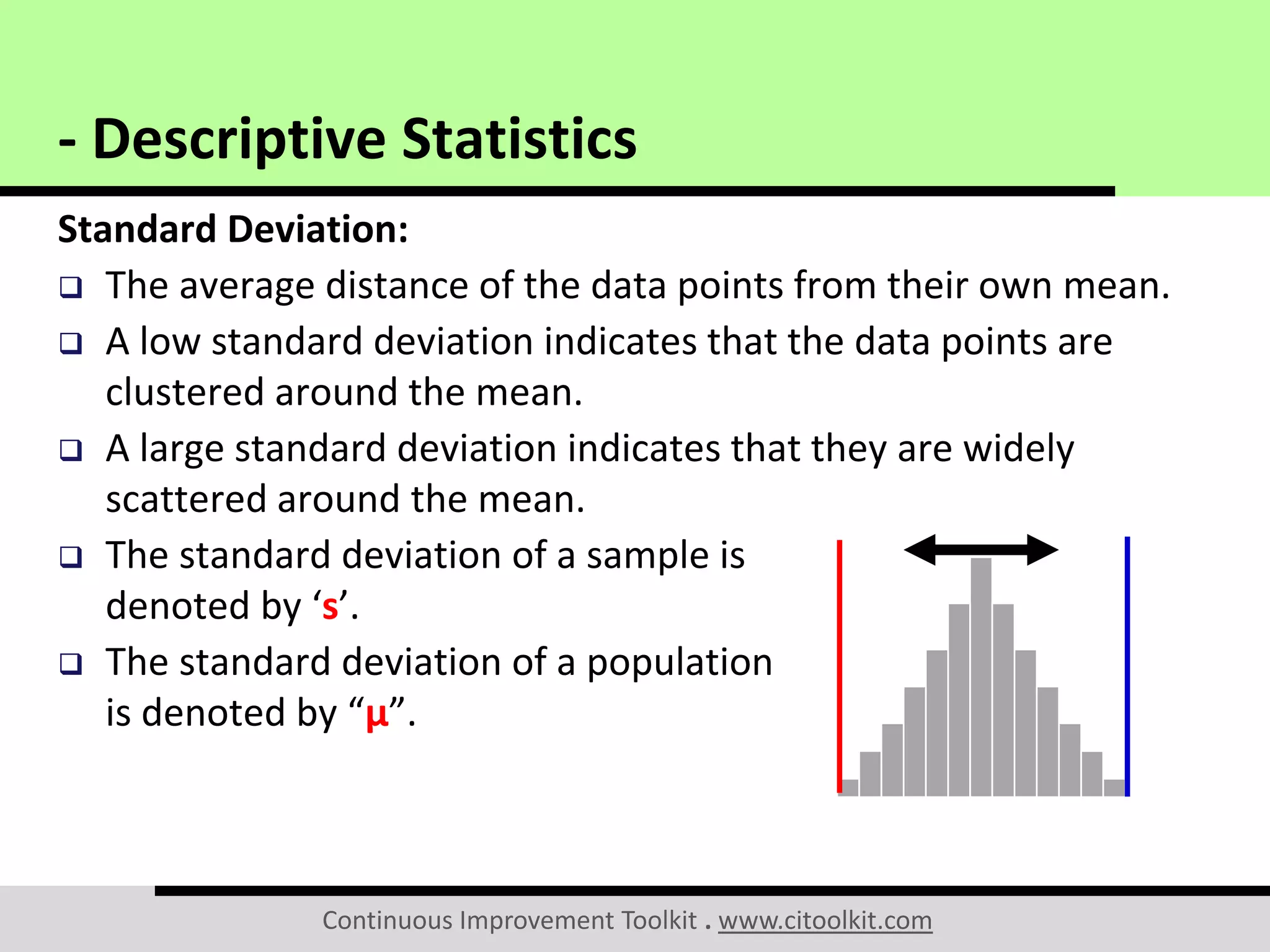 Continuous Improvement Toolkit . www.citoolkit.com
Standard Deviation:
 The average distance of the data points from their own mean.
 A low standard deviation indicates that the data points are
clustered around the mean.
 A large standard deviation indicates that they are widely
scattered around the mean.
 The standard deviation of a sample is
denoted by ‘s’.
 The standard deviation of a population
is denoted by “μ”.
- Descriptive Statistics
 