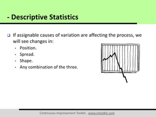 Continuous Improvement Toolkit . www.citoolkit.com
 If assignable causes of variation are affecting the process, we
will see changes in:
• Position.
• Spread.
• Shape.
• Any combination of the three.
- Descriptive Statistics
 