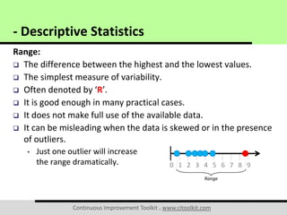 Continuous Improvement Toolkit . www.citoolkit.com
Range:
 The difference between the highest and the lowest values.
 The simplest measure of variability.
 Often denoted by ‘R’.
 It is good enough in many practical cases.
 It does not make full use of the available data.
 It can be misleading when the data is skewed or in the presence
of outliers.
• Just one outlier will increase
the range dramatically.
- Descriptive Statistics
0 1 2 3 4 5 6 7 8 9
Range
 