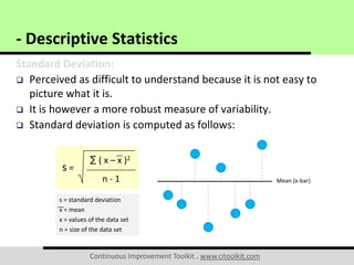 Continuous Improvement Toolkit . www.citoolkit.com
Standard Deviation:
 Perceived as difficult to understand because it is not easy to
picture what it is.
 It is however a more robust measure of variability.
 Standard deviation is computed as follows:
- Descriptive Statistics
Mean (x-bar)
s = standard deviation
x = mean
x = values of the data set
n = size of the data set
s =
∑ ( x – x )2
n - 1
 