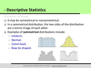 Continuous Improvement Toolkit . www.citoolkit.com
Measures of Shape:
 It may be symmetrical or nonsymmetrical.
 In a symmetrical distribution, the two sides of the distribution
are a mirror image of each other.
 Examples of symmetrical distributions include:
• Uniform.
• Normal.
• Camel-back.
• Bow-tie shaped.
- Descriptive Statistics
 