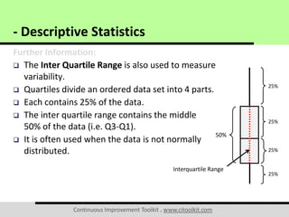 Continuous Improvement Toolkit . www.citoolkit.com
Further Information:
 The Inter Quartile Range is also used to measure
variability.
 Quartiles divide an ordered data set into 4 parts.
 Each contains 25% of the data.
 The inter quartile range contains the middle
50% of the data (i.e. Q3-Q1).
 It is often used when the data is not normally
distributed.
- Descriptive Statistics
25%
Interquartile Range
25%
25%
25%
50%
 