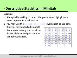 Continuous Improvement Toolkit . www.citoolkit.com
Example:
 A hospital is seeking to detect the presence of high glucose
levels in patients at admission.
 You may use the glucose_level_fasting worksheet or use data
that you have collected yourself.
 Remember to copy the data from
the excel sheet and paste it into
Minitab worksheet.
- Descriptive Statistics in Minitab
79 72 77 85 76 120 78 94
93 70 79 75 68 73 79 85
98 77 77 88 79 79 70 113
75 80 74 83 85 79 87 82
104 106 81 76 68 72 61 95
78 106 84 70 96 70 90 98
69 60 74 67 71 75 105 79
71 75 131 80 75 52 152 106
81 96
 