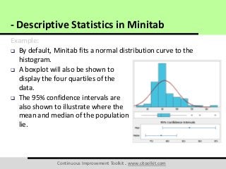 Continuous Improvement Toolkit . www.citoolkit.com
Example:
 By default, Minitab fits a normal distribution curve to the
histogram.
 A boxplot will also be shown to
display the four quartiles of the
data.
 The 95% confidence intervals are
also shown to illustrate where the
mean and median of the population
lie.
- Descriptive Statistics in Minitab
 