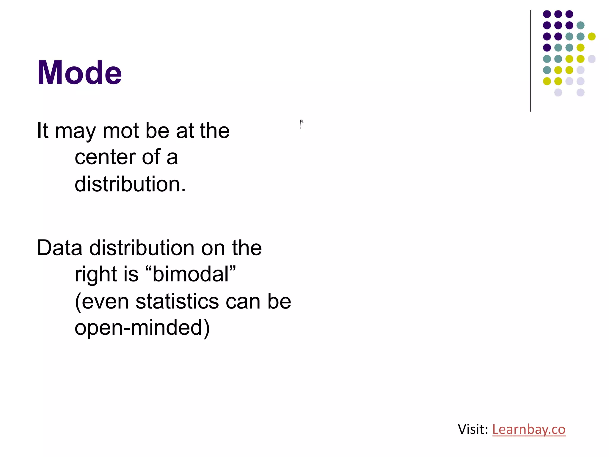 Mode
It may mot be at the
center of a
distribution.
Data distribution on the
right is “bimodal”
(even statistics can be
open-minded)
8
131.00162.00
82.00 .0014
00.0
1.0
12.
14.
16.
1.8
2.0
Cou
nt
Visit: Learnbay.co
 