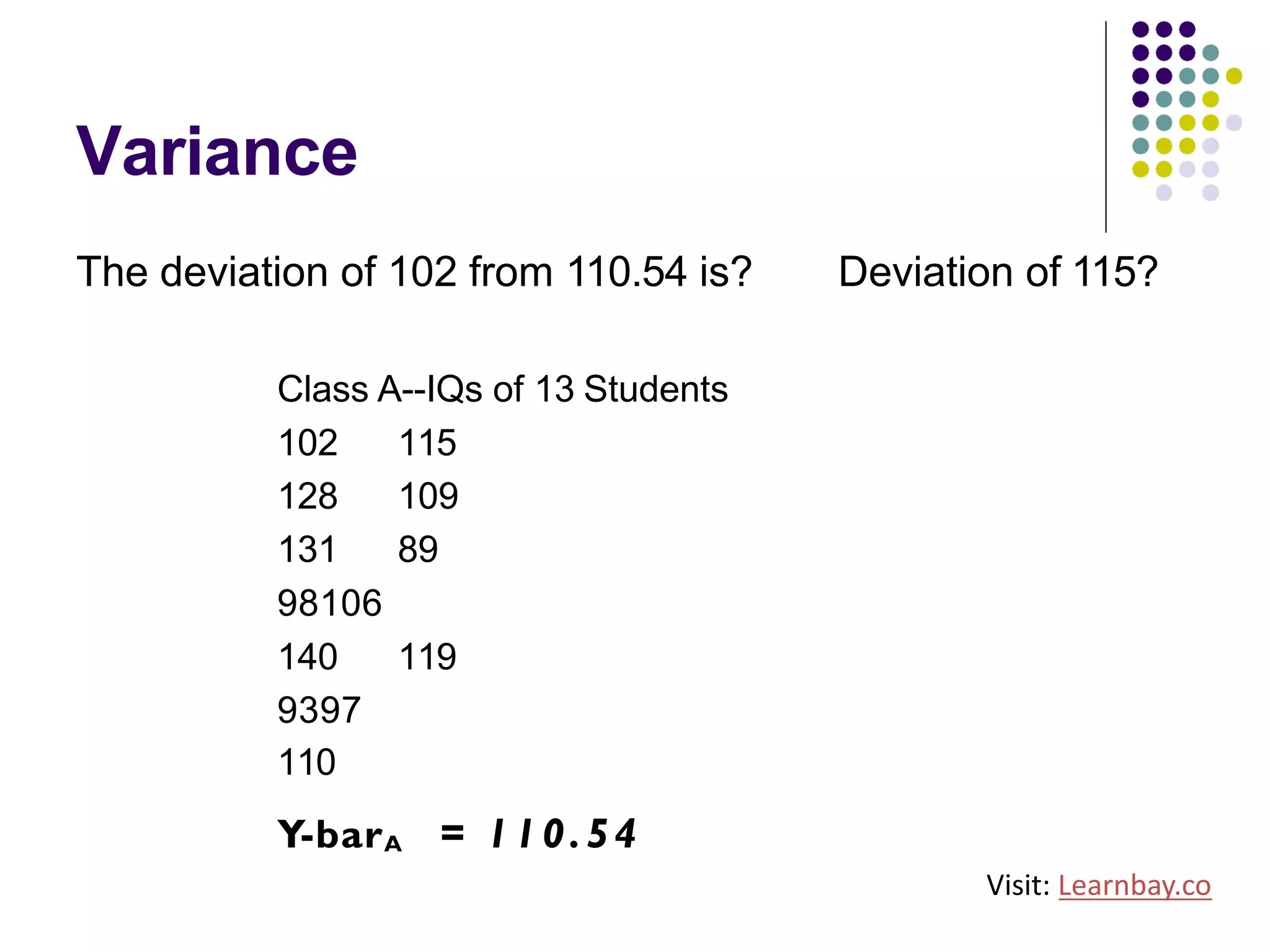 Variance
The deviation of 102 from 110.54 is? Deviation of 115?
Class A--IQs of 13 Students
102 115
128 109
131 89
98106
140 119
9397
110
Y-barA = 110.54
Visit: Learnbay.co
 