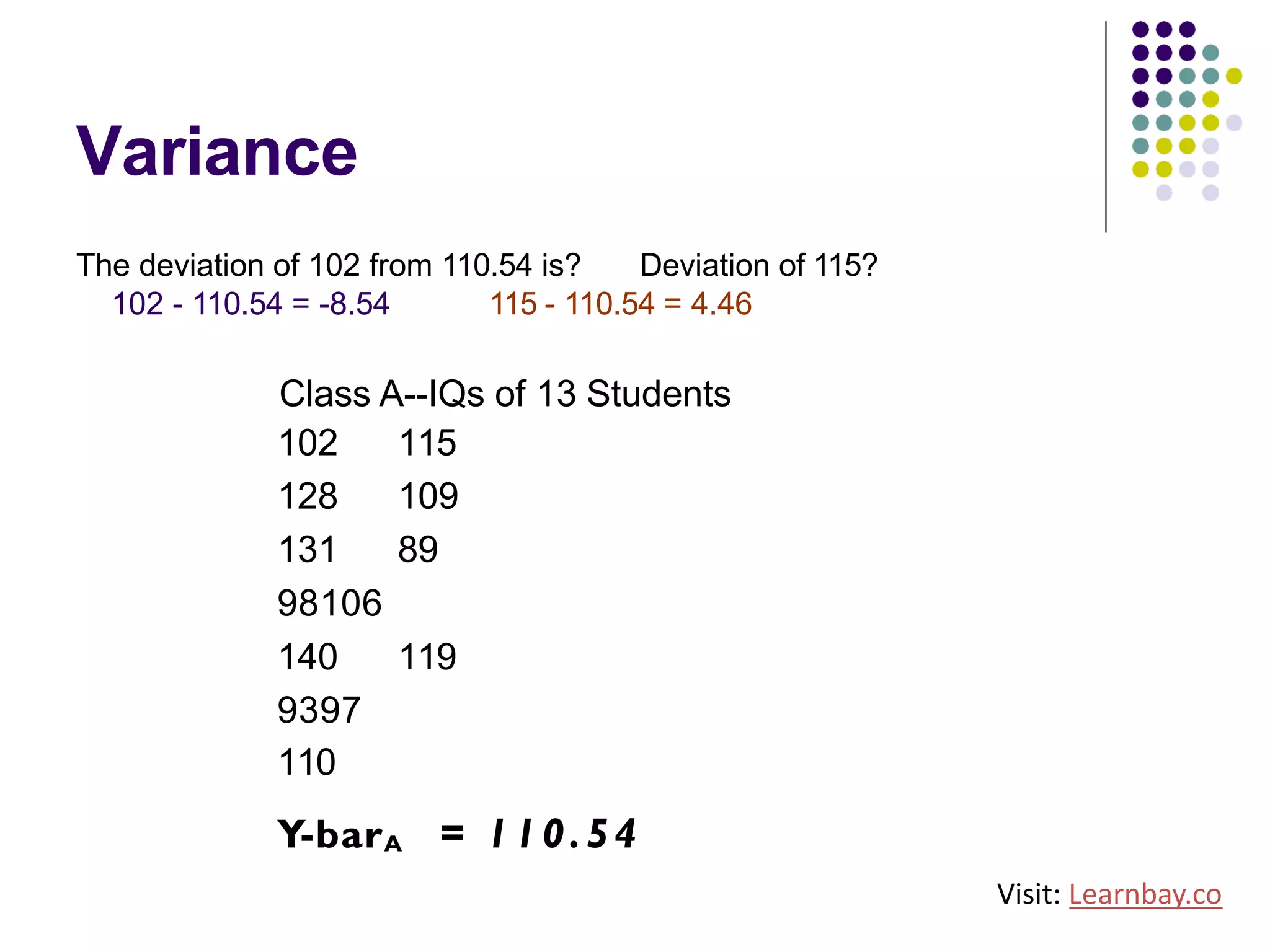 Variance
The deviation of 102 from 110.54 is? Deviation of 115?
102 - 110.54 = -8.54 115 - 110.54 = 4.46
Class A--IQs of 13 Students
102 115
128 109
131 89
98106
140 119
9397
110
Y-barA = 110.54
Visit: Learnbay.co
 
